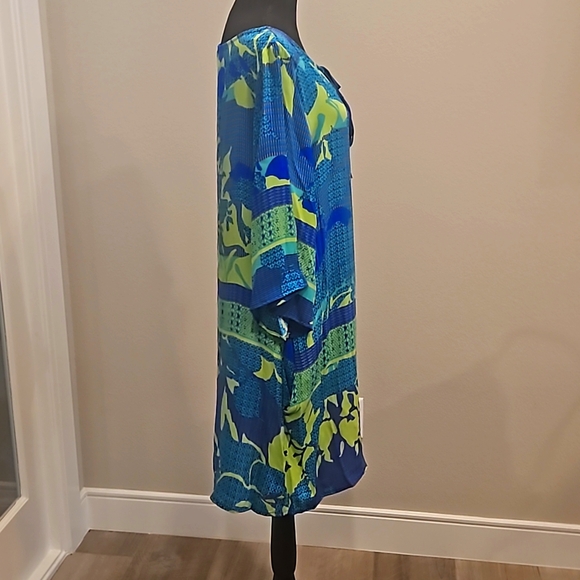 NWT Hale Bob | Blue & Green Print Silk Mid Length Dress with sleeves | La… - Picture 3 of 11